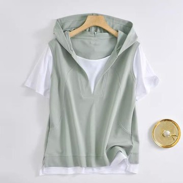 連帽拼色假兩件短袖上衣夏季設計感顯瘦百搭打底衫套頭外穿t恤女