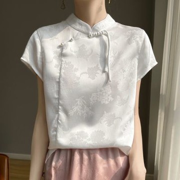 [巴黎精品] 現貨+預購 新中式唐裝絲質旗袍緞面襯衫名媛絲綢冰絲涼感天絲短袖上衣-改良式旗袍3色a1iz49