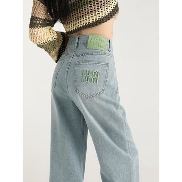 后口袋字母刺繡淺色闊腿牛仔褲女美式復古寬松垂感百搭加絨直筒褲