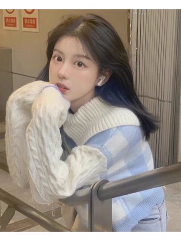 毛衣女翻領寬松慵懶風設計感小眾格子可愛甜美冬裝上衣秋冬新款