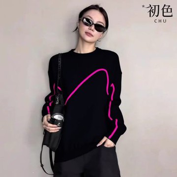 初色 輕奢風潮流拼色不規則線條立領長袖針織毛衣上衣女上衣-黑色-17577(F可選)