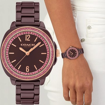 COACH Kitt 輕奢晶鑽陶瓷女錶-櫻桃酒紅色/34mm CO14504563