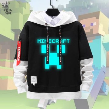我的世界苦力怕游戲周邊反夜光熒光假兩件連帽衛衣男女兒童裝外套
