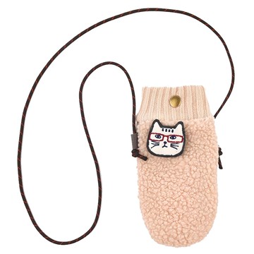 kUSUgURU JAPAN 日本眼鏡貓 NEKOZAWA貓澤 Boa連指手套小袋包 手拿包 證件袋 背帶可調  米色  高24cmx寬度 12cm 肩帶長約135cm