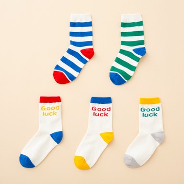 BASE ALPHA ESSENTIALS 兒童款好運中筒襪 5雙組  Good Luck 多色  3號(5~6歲/16~18cm)