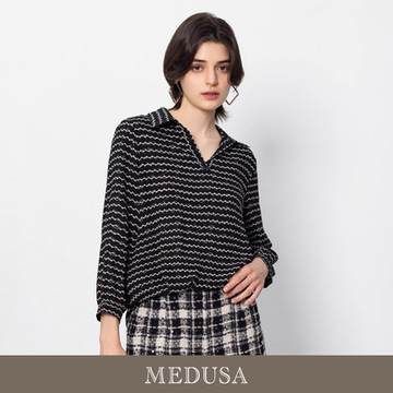 現貨【MEDUSA 曼度莎】黑色波紋半開襟雪紡襯衫（M-2L）｜女雪紡上衣 女長袖襯衫