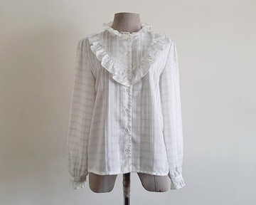 復古風白色金屬條紋襯衫 女款荷葉領 聚酯纖維 上衣 XS