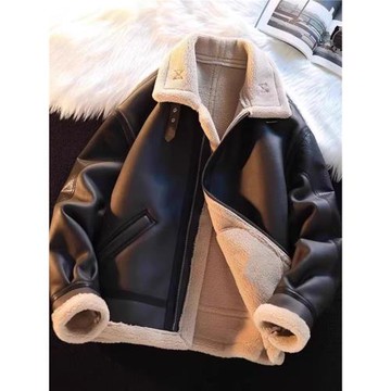 皮毛一體外套男冬季加絨高級機車服潮牌pu皮絨夾克棉服羊羔絨皮衣