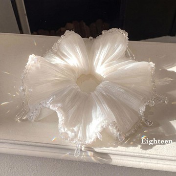 ✨臺灣出貨✨韓系白色絲光珍珠水鑽流蘇大腸髮圈女高級感扎頭髮超大發飾頭繩
