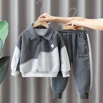 男童春裝套裝2026新款洋氣兒童polo拼接衛衣一體絨秋冬帥氣兩件套