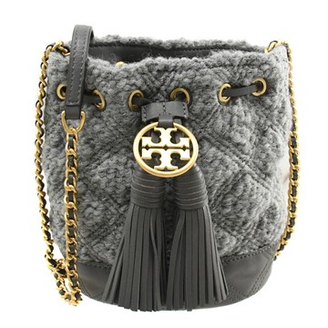 TORY BURCH 89764 品牌絎縫毛呢流蘇束口水桶包.灰