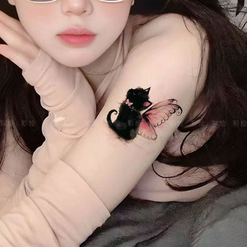 治癒粉蝶黑貓彩色紋身貼ins手臂高顏值持久防水少女辣妹可洗貼紙
