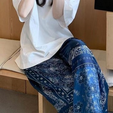 大尺碼冰絲碎花闊腿褲冰絲長褲闊腿工裝褲 涼感寬褲胖MM特大碼300斤闊腿褲子膚感直筒圖騰印花休閒褲寬鬆褲長褲涼感褲涼感褲