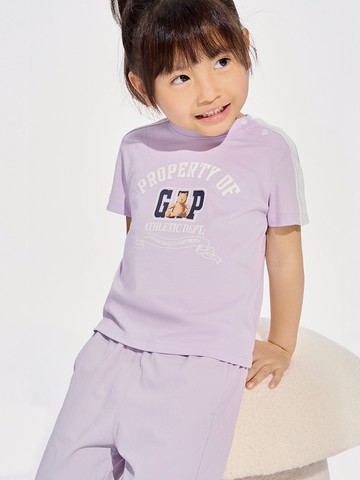 女幼童裝 Logo純棉小熊印花圓領短袖T恤-紫色