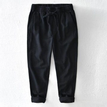 夏季復古苧麻直筒棉麻休閑褲男士寬松緊腰抽繩百搭小腳亞麻長褲子