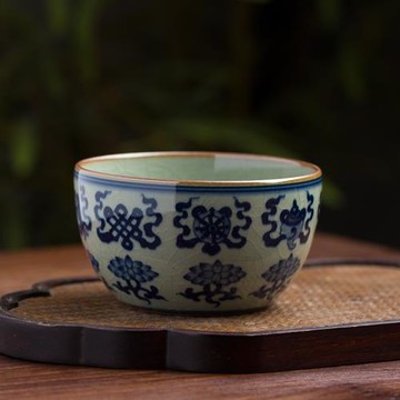 景德鎮老陶泥手繪八寶紋主人杯柴窯青花茶杯品茗杯全手工單杯開片