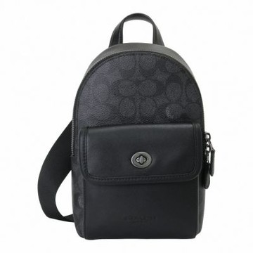 COACH 防刮拚緹花LOGO拉鍊單肩背/前胸包(黑灰)小