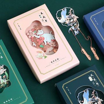 古典中國風創意精美金屬縷空風吟系列書簽禮盒少女心可愛貓咪禮物
