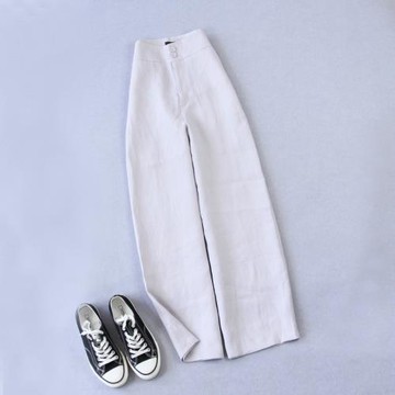 2件包郵清倉米色大碼休閑女褲寬松高腰垂感直筒純亞麻闊腿長褲子
