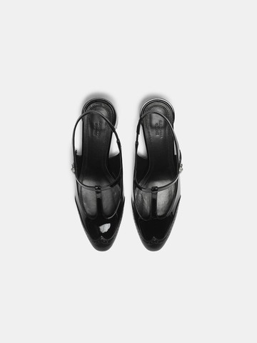 Leather T-strap Heart Lock Slingback Shoes [Black] (DG2DS25001BLK)
