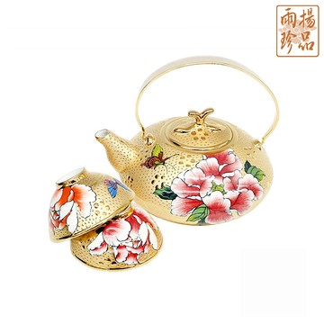雕金彩繪富貴牡丹美人壺套組