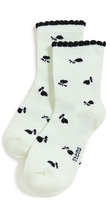 Stems Flower Ribbed Crew Socks Ivory One Size