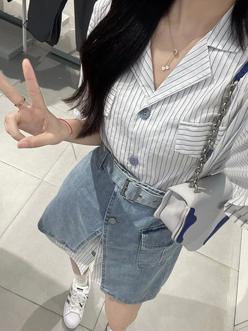 短袖裙裝洋氣套裝女法式條紋短袖襯衫牛仔束腰裙時尚兩件套夏季新款