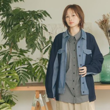 【MOSS CLUB】異材質牛仔拼接開襟襯衫領外套 藍 綠(魅力商品)