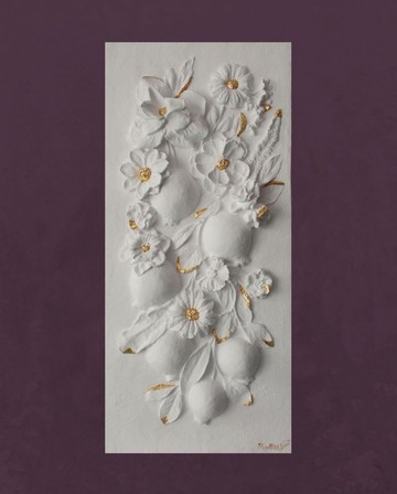 雕塑牆面藝術 金色和白色淺浮雕 植物藝術品 花卉
