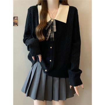 大碼胖mm秋冬新款翻領學院風針織衫蝴蝶結撞色毛衣寬松減齡上衣女