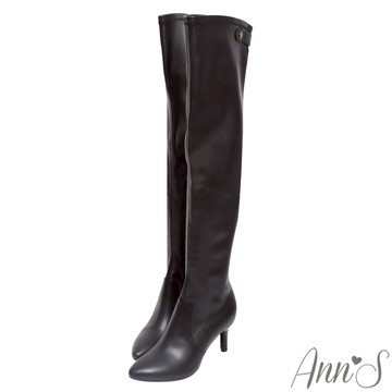 Ann’S忍不住回頭-彈力皮革 後壓釦細跟高跟尖頭過膝靴8cm-黑