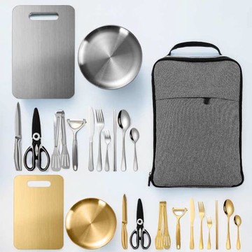 新款 亞馬遜不銹鋼刀叉勺41件套露營野營戶外旅行餐具 全套收納包