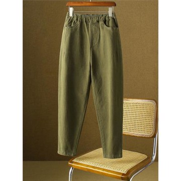 洗水棉磨毛薄絨哈倫褲女冬季綠色工裝小腳休閑褲高腰加厚保暖褲子