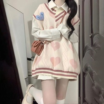 [韓系女館]兩件/套裝甜系可愛少女秋季女裝針織毛衣 可愛愛心馬甲背心女+白色襯衫秋裝上衣 打底衣 長袖上衣 秋裝套裝