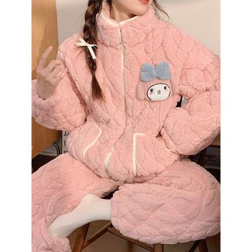 珊瑚絨睡衣女款冬季三層夾棉襖加厚加絨冬天保暖法蘭絨家居服套裝
