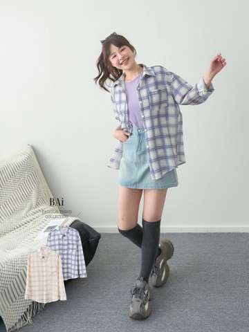 格紋襯衫／雙色格子長袖開衫－【350054】