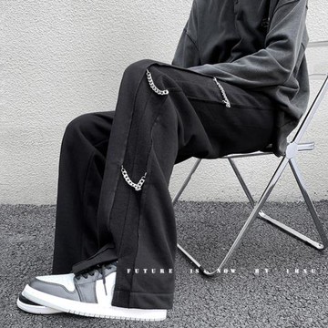 美式hiphop褲子男ins潮設計感春秋闊腿褲直筒運動褲寬松休閑長褲