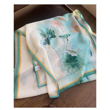 春天的色彩中國風水綠荷花喬其紗絲巾輕柔薄紗巾女春秋長條窄圍巾