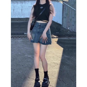 88707L_高腰牛仔百褶裙女夏季新款複古辣妹半身裙百搭A字短裙