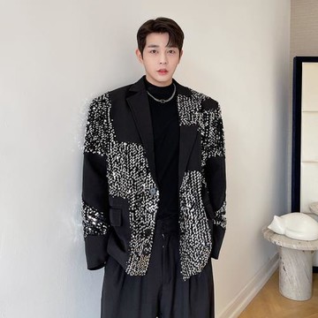 buling不靈閃亮珠片拼接撞色雅痞帥氣小西裝男歌手夜店舞臺演出服