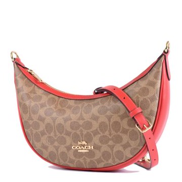 COACH Aria 緹花LOGO防刮皮革肩背/斜背二用包-棕褐/紅