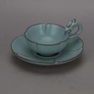 宋 汝窯天藍釉 龍柄杯荷葉紋盞 杯子 仿皇宋宮支釘古典家居瓷器