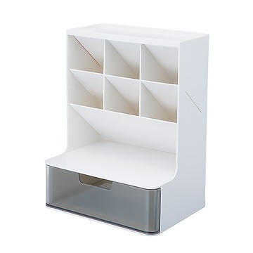 收納部屋 筆筒抽屜架 桌面收納盒 文具收納 化妝品收納  白色 + 透明灰  1個