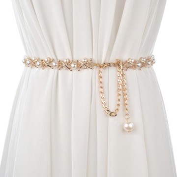 日系甜美珍珠女士金屬細腰鏈 配裙子裝飾百搭個性鏈條腰帶窄款女