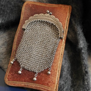 古董法國19世紀末 純銀雕花小錢袋 雙開口 Chatelaine 唐頓莊園迷