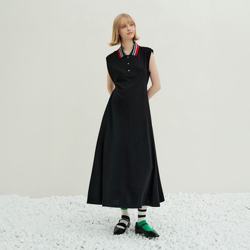 OUWEY歐薇 開半襟羅紋POLO領無袖洋裝(黑色；XS-M)3242397033