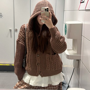 美拉德穿搭咖色連帽麻花毛衣開衫女秋冬季寬松慵懶風針織外套上衣鑫弘-素時衣櫥
