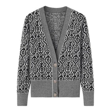 加厚純山羊絨衫女開衫V領大碼秋冬時尚高腰提花百搭毛衣毛衫E2841