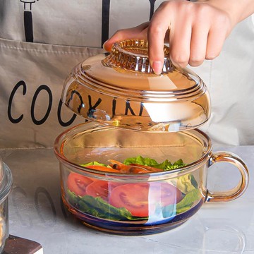 帶把可微波爐加熱大號湯碗單個泡面碗家用帶蓋水晶煲拉面碗玻璃碗