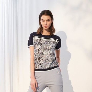 CLL巧玲瓏 花布拼接撞色針織上衣 7638902